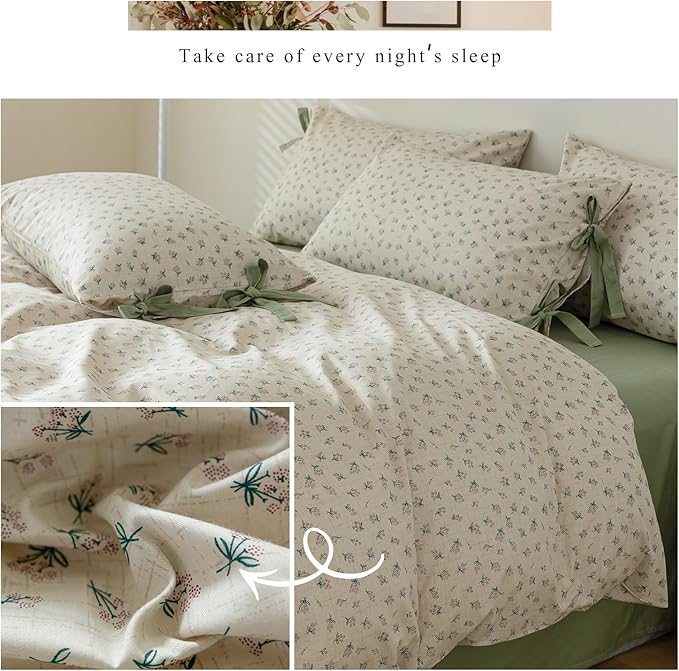 mixinni Country Style Duvet Cover Twin Size - Cottagecore Green Floral Vintage Bedding 3PC with Bow Ties Pillowcases, 100% Cotton Soft Aesthetic Boho Comforter Cover for Girls-Twin XL Size