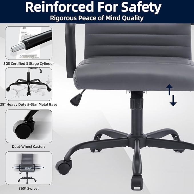 Office Chair, Ergonomic Executive Conference Room Chairs, Ribbed Leather Desk Chair with Lumbar Support, Adjustable Height Mid-Back Swivel Chair with Padded Seat