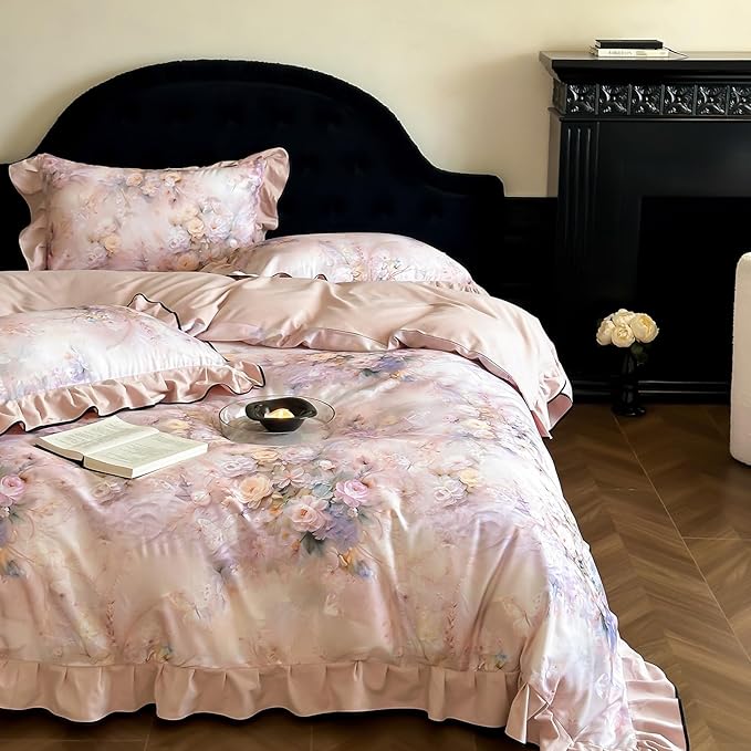 HighBuy Farmhouse Ruffle Duvet Cover Full Size,Pink Floral Lace Ruffle Design Durable Brushed Cotton Duvet Cover Set Coquette Soft Comforter Cover Ruffled,3 Pieces Cottagecore Bedding Set