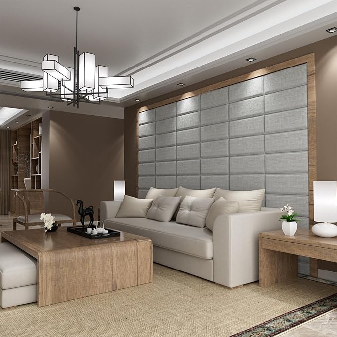 Upholstered Wall Mounted Headboard, Acoustic Panel, Peel and Stick Wall Padding, Light Grey Dorm Towel Fabric, 9-Pack