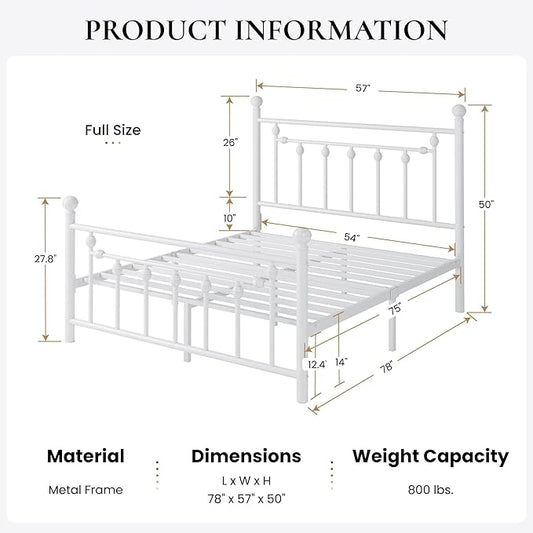 SHA CERLIN 14'' Full Size Metal Platform Bed Frame/Victorian Headboard and Footboard/Steel Slats Mattress Foundation for Storage/No Box Spring Needed/Noise Free/White