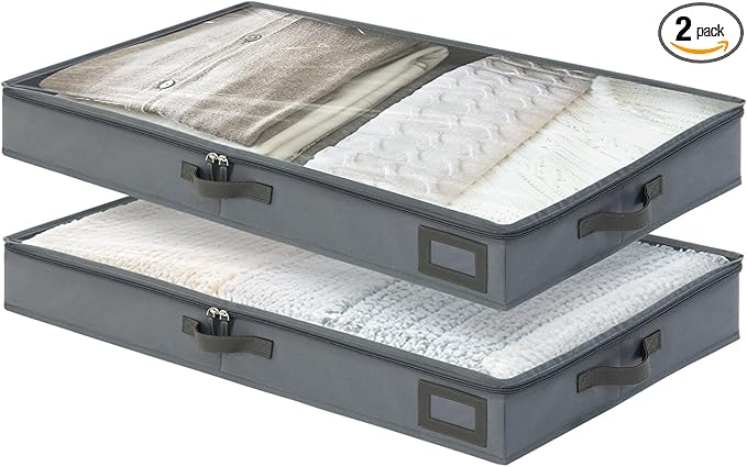4-Inch Under Bed Storage Containers (2-Pack) | Sturdy Sidewalls | Clear Cover & Label Holder | Foldable Fabric Closet Bin Organizer | Stores Clothing/Blankets/Sweaters/Sheets