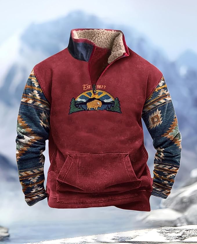 Western Sweatshirts for Men Aztec Cowboy Vintage Graphic Fleece Hoodie Mens Quarter Zip Pullover Country Jacket