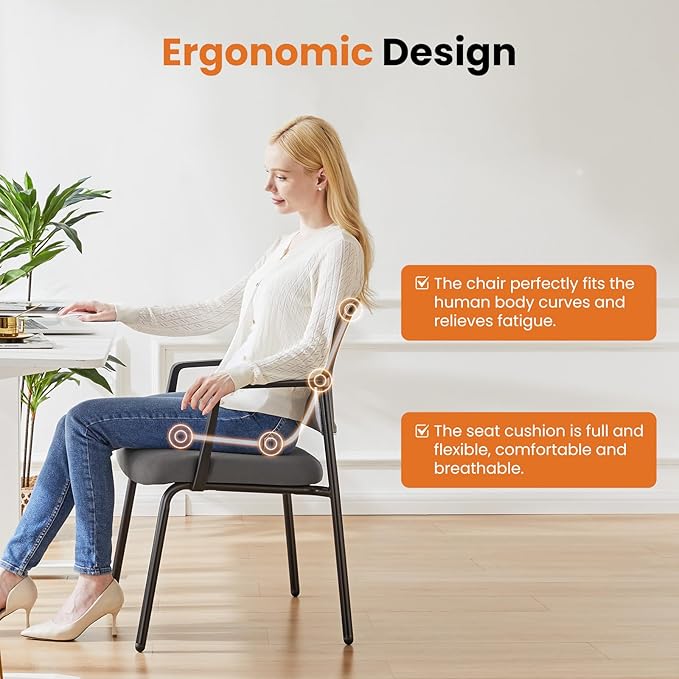 Sweetcrispy Mesh Back Stacking Arm Chairs 4 Pack, Upholstered Fabric Stack Chairs, Sturdy Metal, Easy to Use and Store, Outdoor and Indoor, for Home, Office, Party, Comfy, Grey