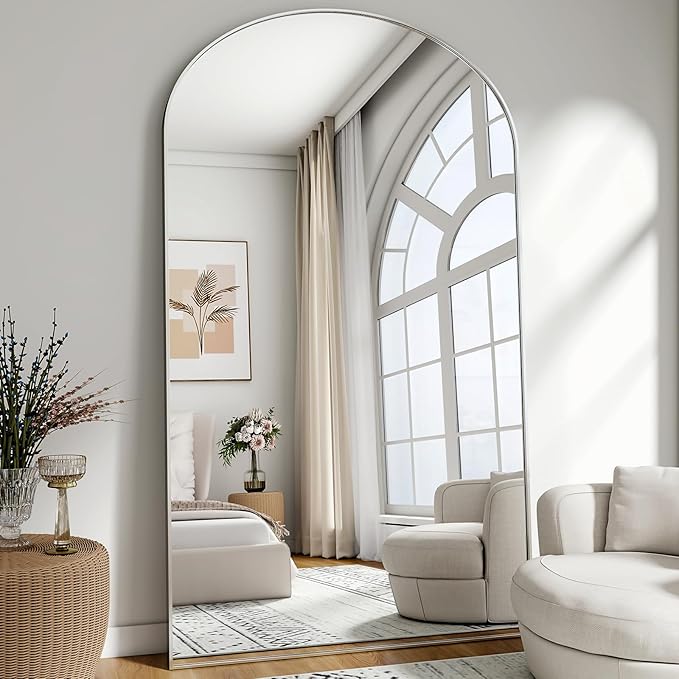 Oversized Full-Body Mirror, 77" x 38" Arched Full-Length Mirror, Silver Metal Frame, Floor Mirror for Bedroom, Living/Dressing Room, Gym - Stand/Wall Mounted/Leaning