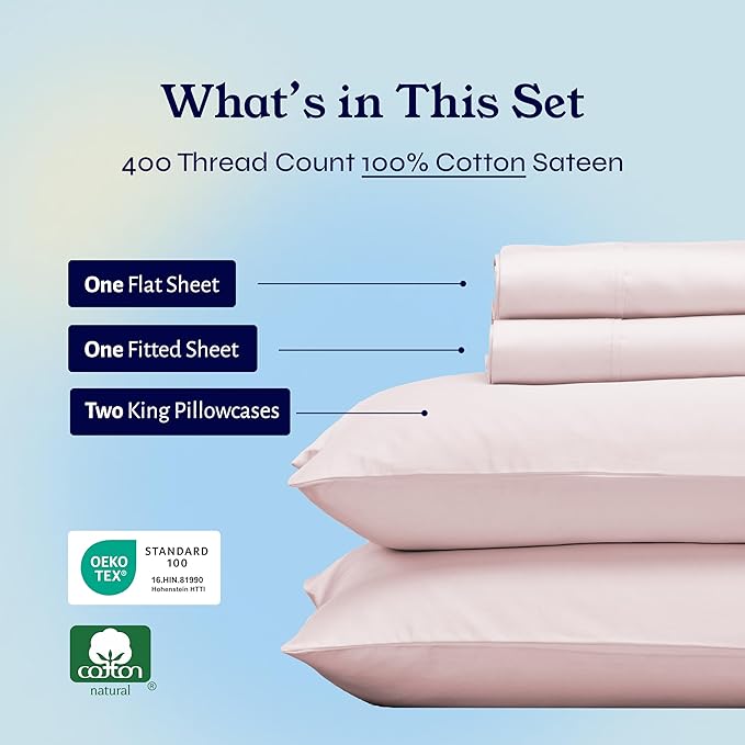 California Design Den King Size Sheets Set - 400 Thread Count Sateen, Natural 100% Cotton Sheets with Deep Pockets, Breathable and Durable Bedding Set - Pink CaliforniaDesignDen