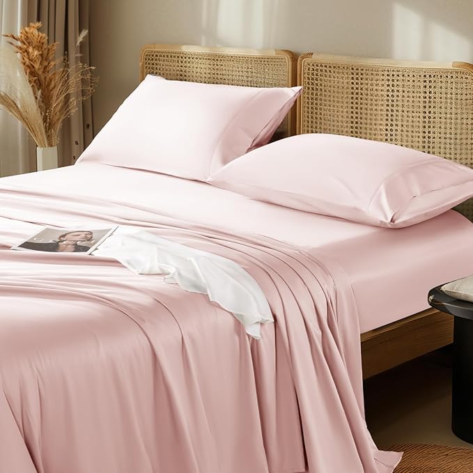 LBRO2M 1000 Thread Count 100% Egyptian Cotton Sheets Set Full Size, 4 Piece Sets Deep Pocket Sheet Set 16" Soft Comfortable All Season (Full, Pink)