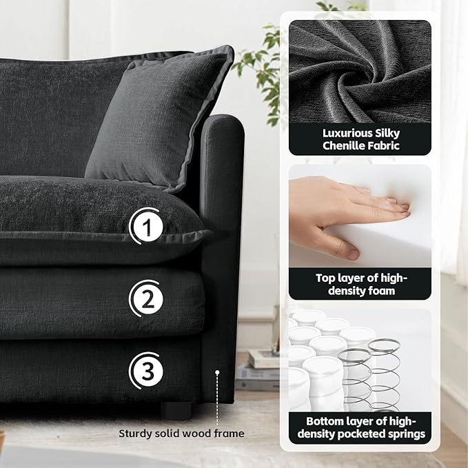 SoarFlash Chenille Sectional Sofa, Comfy Modular Coush Sofa with Ottoman, Modern 3 Seat Recliner Deep Seat Sofa Set for Living Room,Grey