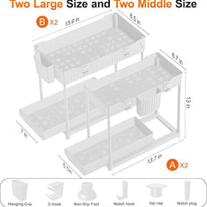 Under Sink Organizer, Bathroom Organizers and Storage, 2 Tier Multi-Use Pull Out Cabinet Organizer with Hang Hooks and Cups (White, 4 Pack)