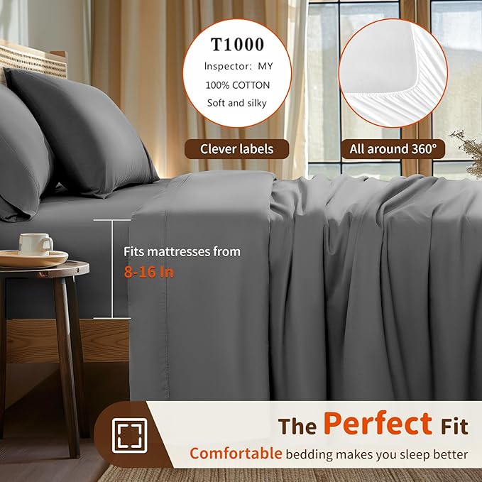 LBRO2M 1000 Thread Count 100% Egyptian Cotton Sheets Set,Full Size Bed Sheet 4 Piece Sets,Long Staple,16 Inches Deep Pocket,All Season,Bedding Super Soft Breathable,Sateen(Dark Grey)