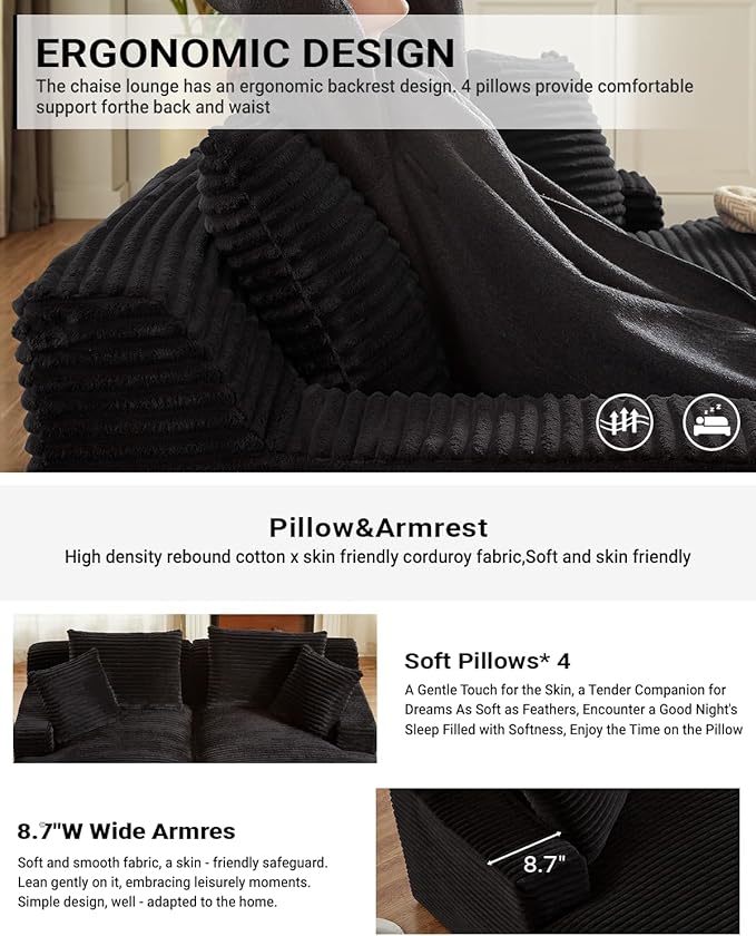 80 Inch Double Chaise Lounge Chair Indoor, Oversized Sectional Corduroy Upholstered Boneless Sofa Bed, Deep Seat Sleeper Loveseat Reading Chairs, Cloud Sofas Couches, No Assembly Required (Black)