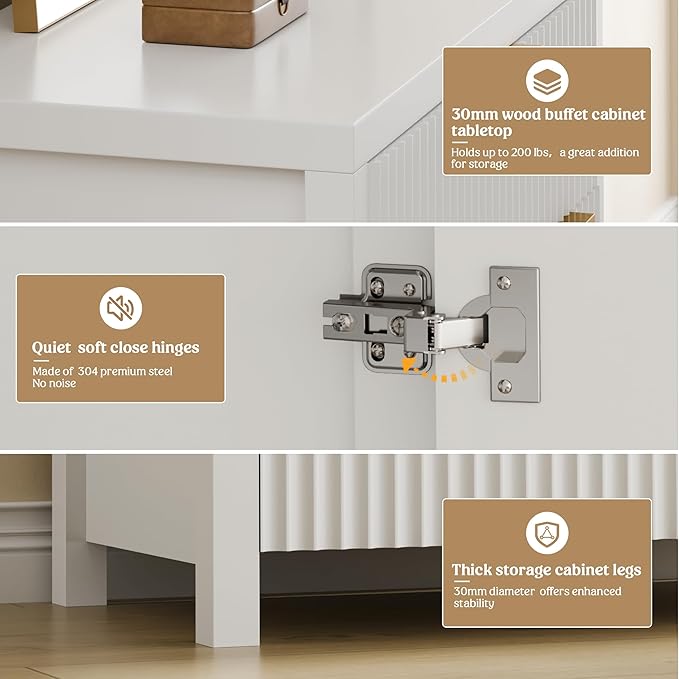 Lulive White Fluted Storage Cabinet with Drawers Buffet Sideboard Cabinet with Adjustable Shelves for Kitchen Living Room, Kitchen, Entryway