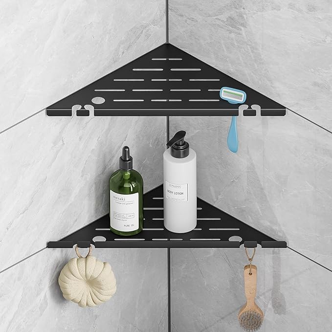 Shower Corner Shelf Organizer Rack with Hooks & Razor Hole, No Drilling Tile Shower Shelves, Rustproof Stainless Steel Bathroom Shelves Basket, Modern Corner Shelf for Bathroom, 2Pack-Black