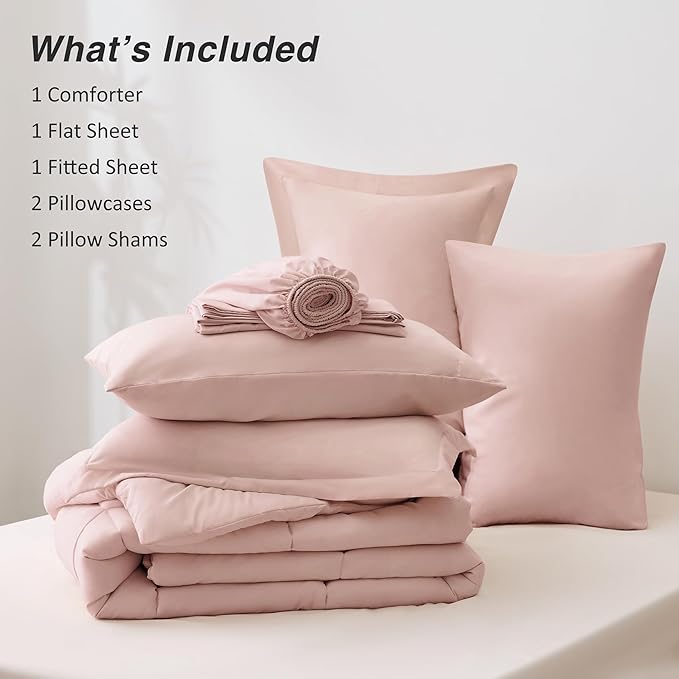 Love's cabin Queen Comforter Set Blush Pink, 7 Pieces Queen Bed in a Bag, All Season Bedding Sets with 1 Comforter, 1 Flat Sheet, 1 Fitted Sheet, 2 Pillowcase and 2 Pillow Sham