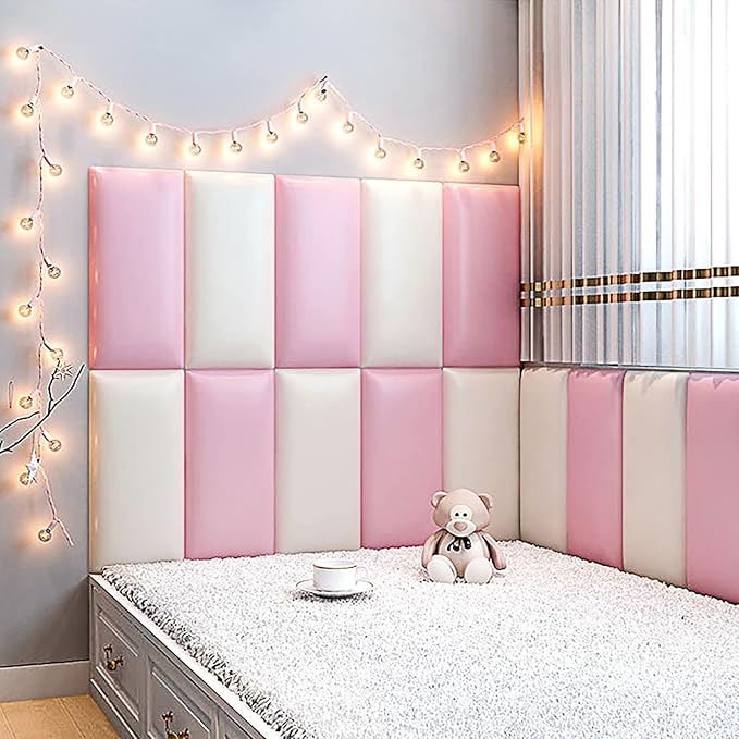3D Anti-Collision Wall Padding, Peel and Stick Upholstered Wall Panels, Queen Headboard, Playroom Decorative Protection, Pack of 2 Panels Sized 23.6' X 11.8' (Pink)