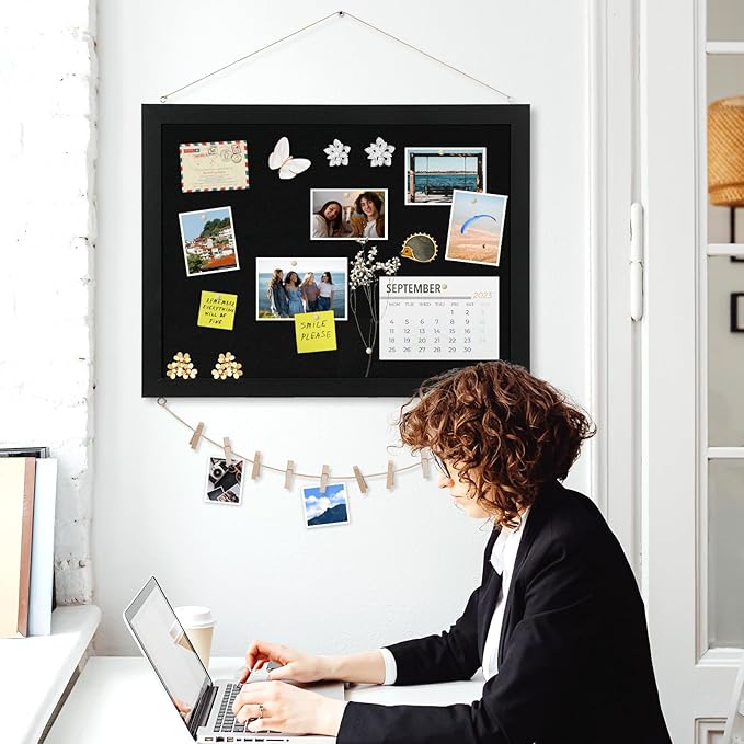 Double-Sided Black Cork Board with Linen, 24" x 18" Hanging Wood Framed Large Bulletin Board, Picture Display Vision Board Kit Corkboards for Wall Room School Office Decor, 20 Pushpins