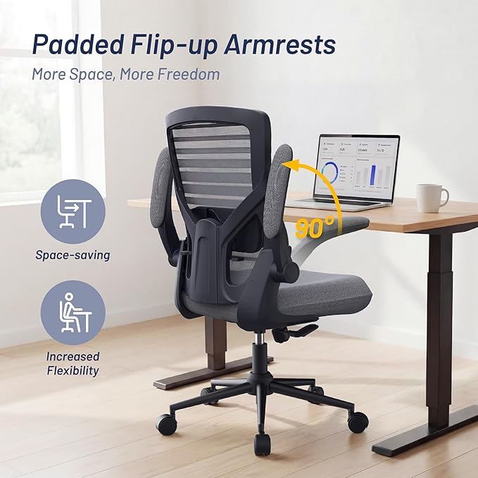 Office Desk Chair for Long Hours & Lower Back Pain Relief – 4“ Thick Molded Foam Cushion, Enhanced Lumbar Support, Padded Flip-up Armrests, Dark Gray