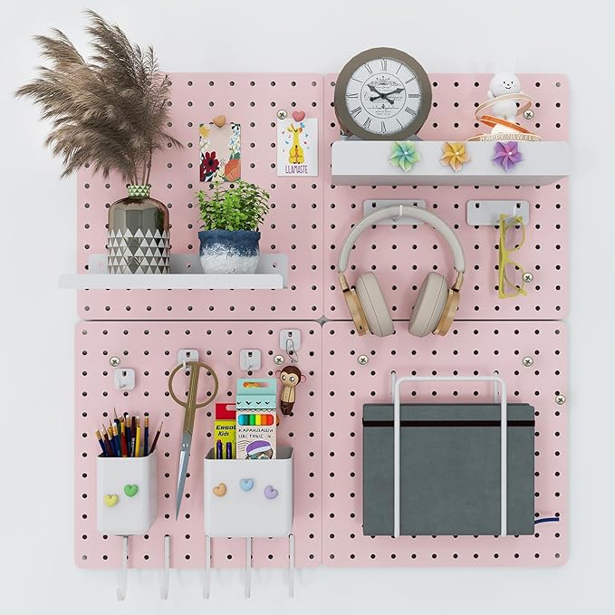 Metal Pegboard Combination Kit — 4 Carbon Steel Pegboards with 26 Accessories, Pegboard Wall Organizer for Home, Office, Study Room, Kitchen, Garage & Craft Room — 24″ × 24″ Pink Peg Board