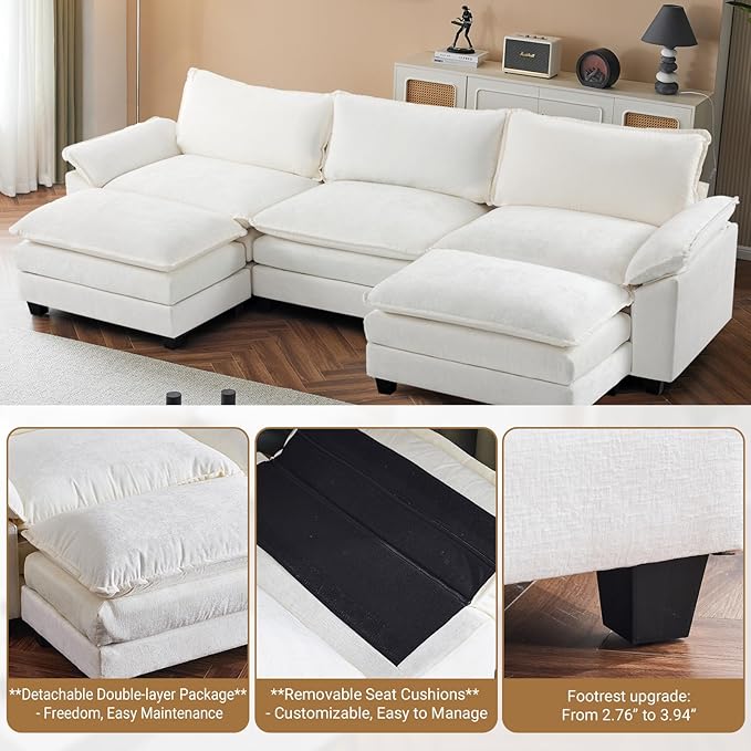 VINGLI 122" Cloud White/Cream Convertible Sectional Sofa, Comfy U-Shape Extra Deep Seat Sofa Couch for Living Room,Modern Chenille 3-Seat Convertible Sofa with 2 Movable Ottomans for Small Space