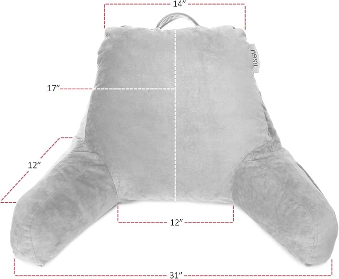 Nestl Reading Pillow with Shredded Memory Foam, Designed for Sitting Up in Bed and Couch, Back and Arms Adjustable Support for Adult & Teens Backrest Pillows for Reading with Washable Cover Light Grey