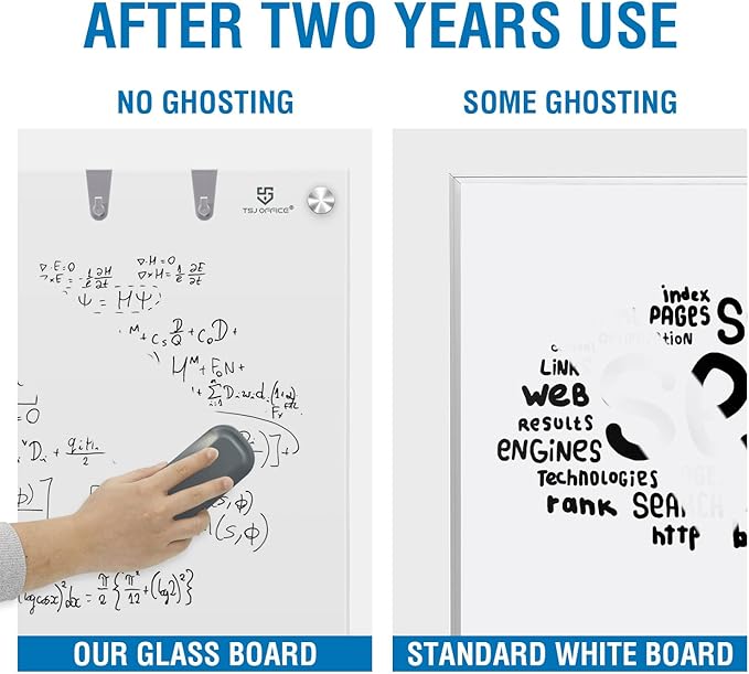 TSJ OFFICE Glass Dry-Erase Board - 48 x 32 Inches Brilliance White Magnetic Glass Whiteboard, Wall Mounted Large Frameless White Board for School, Home & Office