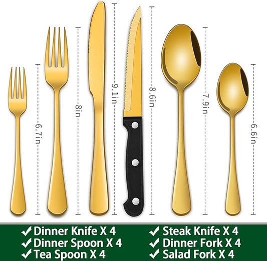 24-Piece Gold Silverware Set with Steak Knives,Golden Flatware Sets Service For 4 Person For Home,Party,Restaurant,Durable Cutlery Sets,Includes Knife Spoon and Forks Sets