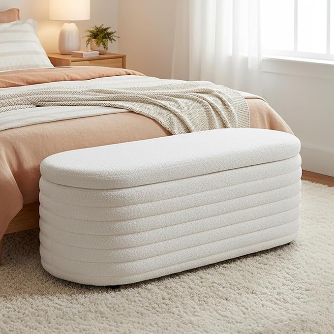 Storage Teddy Ottoman Bench Upholstered Fabric Storage Bench End of Bed Stool with Safety Hinge for Bedroom, Living Room, Entryway, Closet(44.5", White)
