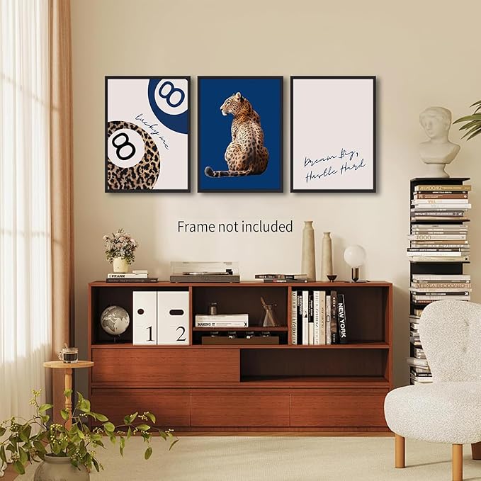 Navy Blue 3 Pcs Leopard Print Wall Art Cheetah animal prints 8 Ball Lucky Me pictures Trendy Wall decor Y2k aesthetics painting artwork for Apartment Dormitory College style Decoration,12x16in Poster