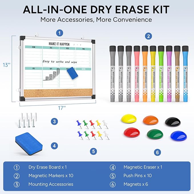 Weekly Calendar Whiteboard and Cork Board Combo for Wall, 17"x13" Reversible Hanging Dry Erase Board, Double Sided White Board with Aluminum Frame for Planning, Office, Kitchen, School, Home