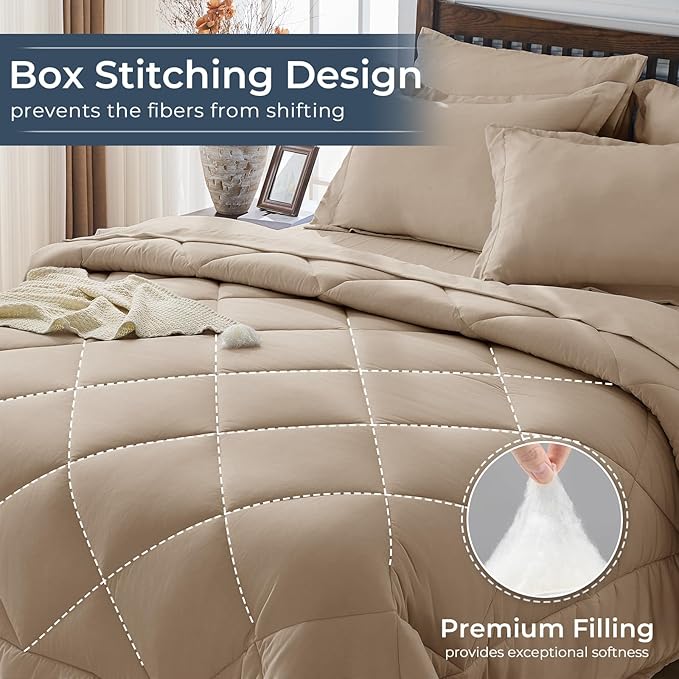 HEVUMYI Khaki Cali-King Comforter Set - 7-Piece All Season Bed in a Bag Cali-King, Ultra Soft Bedding Set with Comforter, Flat Sheet, Fitted Sheet, Pillowcases, Pillow Shams