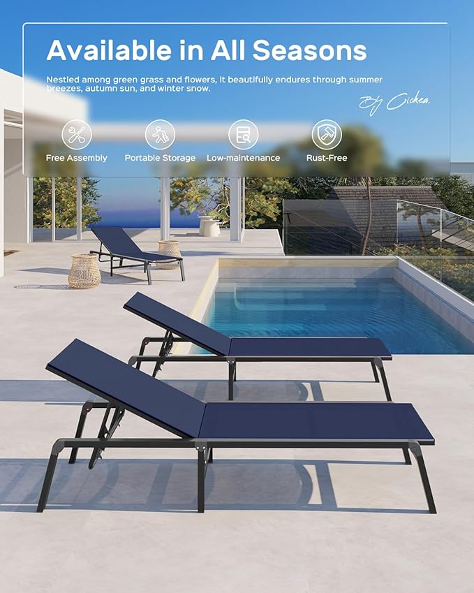 Ciokea Patio Chaise Lounge Chair, Foldable Lounge Chair for Outside, Aluminum Chairs Set of 2 with 5 Adjustable Backrest, Outdoor Pool Lounger for Poolside, Lawn, Deck, Navy Blue