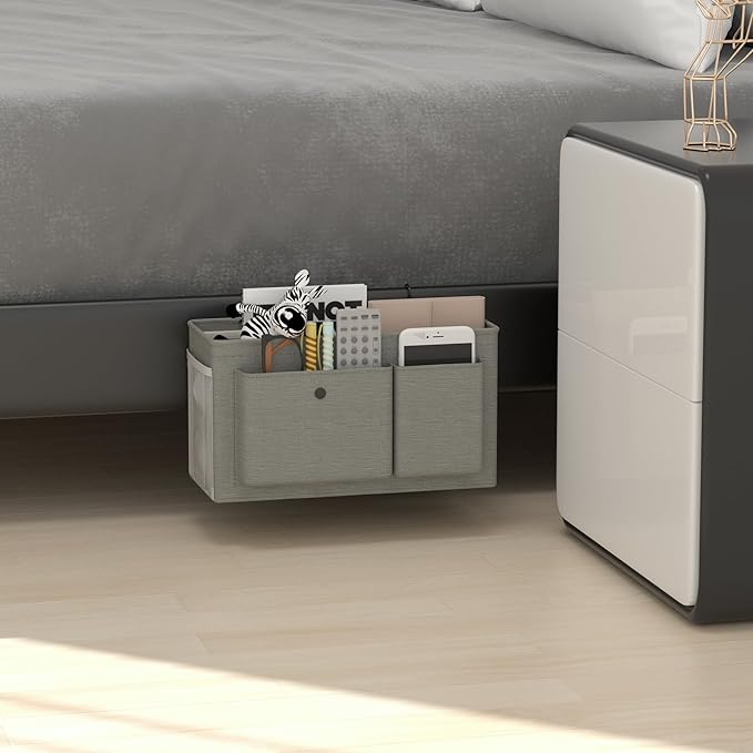 Bedside Caddy Bedside Organizer with Fixed Straps & Water Bottle Holder, Bunk Bed Caddy ideal for Home, Dorm, Hospital, Crib, Versatile Bedside Storage Solution (Grey)