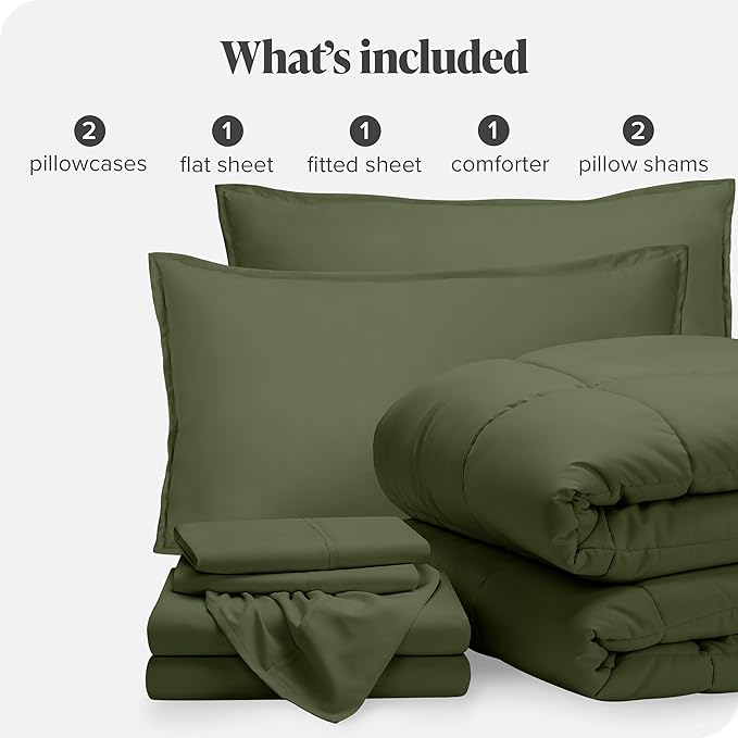 Bare Home Bed-in-A-Bag 7 Piece Comforter & Sheet Set - King - Goose Down Alternative - Ultra-Soft 1800 Premium - Bed Set (King, Cypress/Cypress)