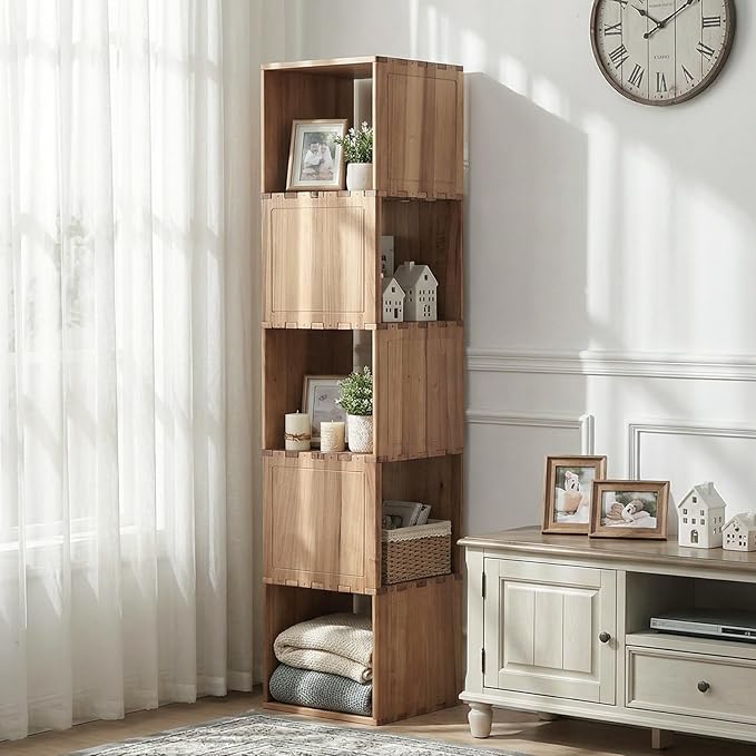 Solid Wood Corner Shelf, Square Bookcase Cube Tower, Stationary Shelves - Sturdy Freestanding Organizer for Beside TV Stand&Room Corners, Storage Display for Small Spaces, Rustic Brown, 4-Tier
