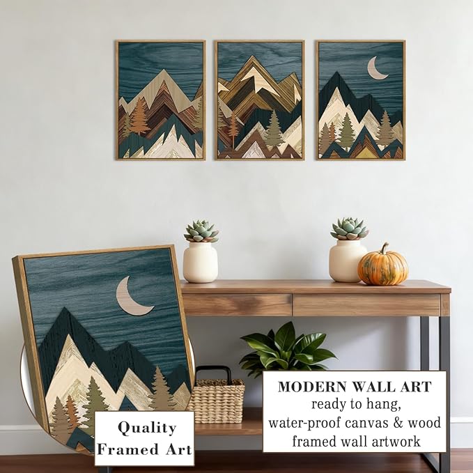BINCUE Boho Mountain Wall Art Framed Landscape Wall Decor Modern Nature Artwork for Bedroom Living Room Office 12" Lx16 W Set of 3