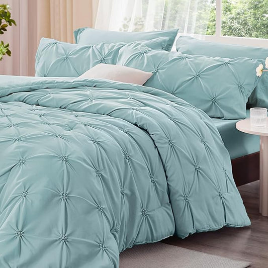 BEDELITE Dusty Blue Queen Comforter Set - 3 Pieces Boho Pintuck Bedding Comforter Sets, Lightweight Soft & Warm Bed Comforter Queen with 2 Pillowcases for All Season