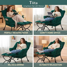 Tiita Lazy Chair with Ottoman, Modern Large Accent Lounge Armchair, Comfy Leisure Sofa Reading Chair with Footrest for Bedroom, Living Room, Dorm Rooms, Garden and Courtyard, Velvet Green