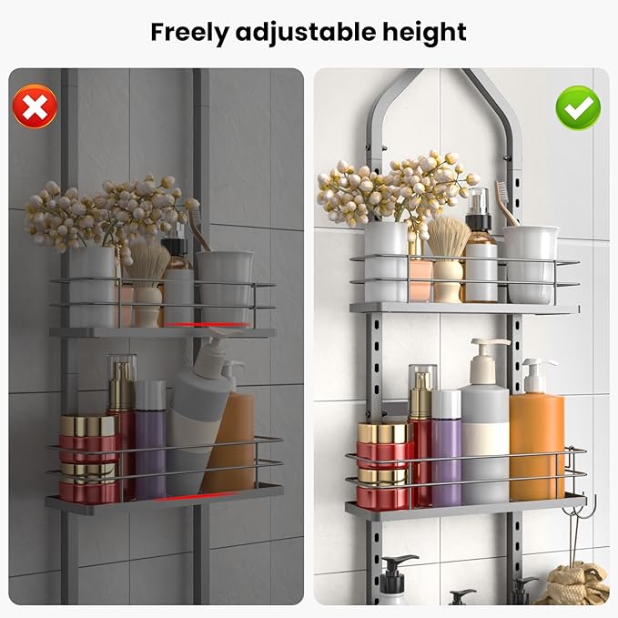 Shower Caddy Hanging (Silver), Adjustable Anti-Swing-Over The Shower Head Caddy, 3 Tier Height Bathroom Storage Organizer Bathroom Shelves Basket Rack Shower Caddies (3Tier)