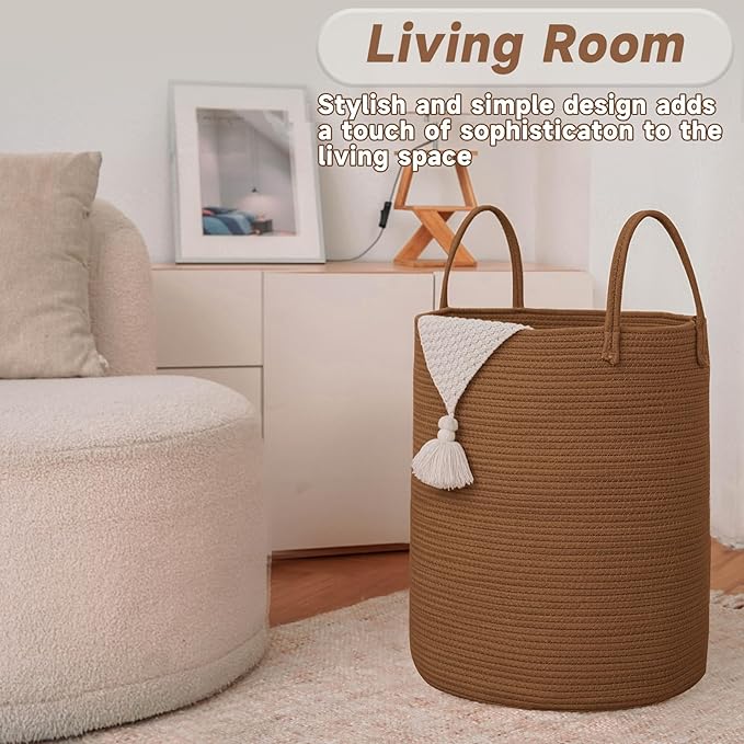 Large Woven Laundry Basket Hamper,100L Cotton Rope Storage Bin for Blankets,Toys and Clothes,Decorative Tall Nursery Hamper for Living Room,Baby Nursery,Bathroom and Bedroom,Golden Jute