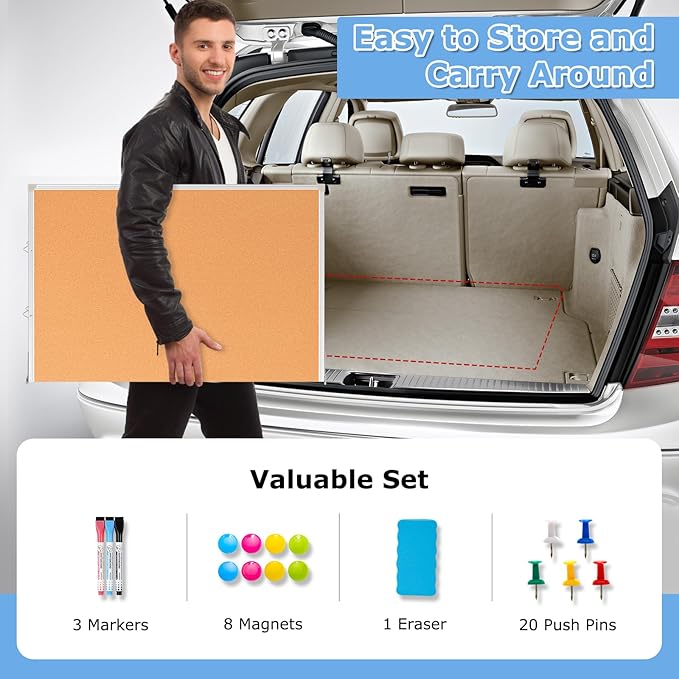 DOLLAR BOSS Foldable Cork Board White Board Combo 48 x 36 Inch Extra Large Magnetic Whiteboard Dry Erase Bulletin Board Portable Double Sided Aluminum Frame Pin Board Back to School Supplies