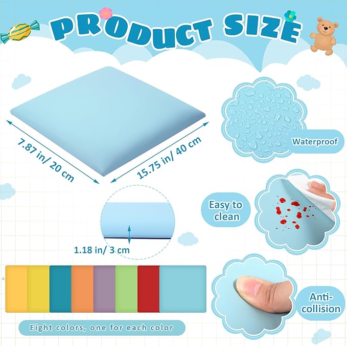 8 Pack Wall Padding for Playroom Peel and Stick Headboard 11.81" x 11.81" x 1.18" 3D Anti Collision Upholstered Wall Panels Self Adhesive Headboard Panel for Protection (Rainbow Colors)