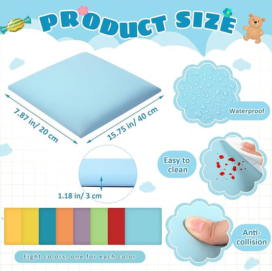 8 Pack Wall Padding for Playroom Peel and Stick Headboard 11.81" x 11.81" x 1.18" 3D Anti Collision Upholstered Wall Panels Self Adhesive Headboard Panel for Protection (Rainbow Colors)
