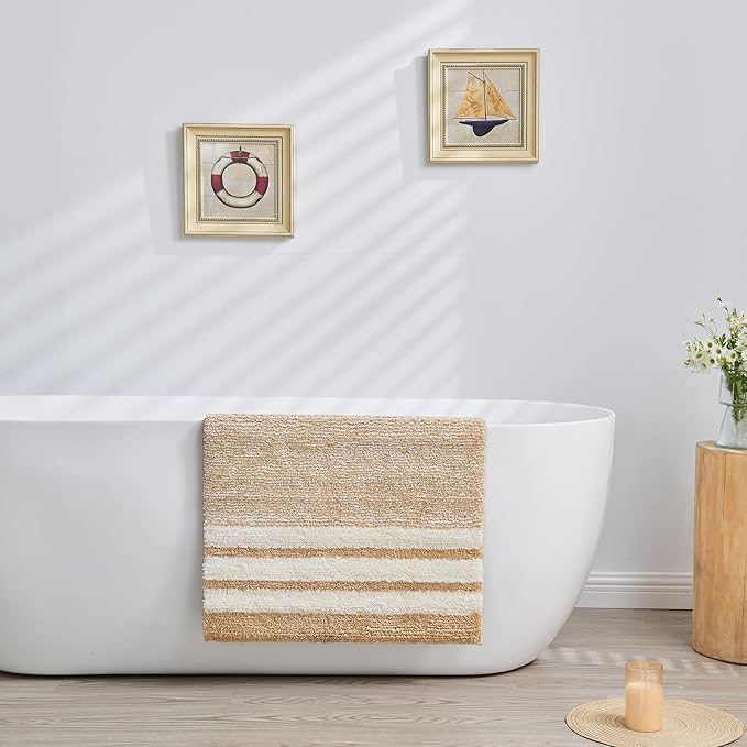 CozeCube Bath mats for Bathroom Non Slip, Fluffy Absorbent Microfiber Bath mat Washable, Aesthetic Bathroom Rugs, Cute Beige Striped Bath mat, Beige, 32" x 20"