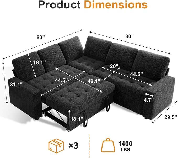 WEUP 5 Seat L Shaped Sectional Sleeper Sofa Bed with Pull Out Bed, Chenille Sectional Sleeper Couch with Adjustable Backrest, USB Ports & Storage Seat, Tool-Free Assembly, Chenille Black