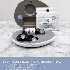 Essence Pearl Travel Case - Wearable Aromatherapy Kit with Nasal Diffuser Rings, Soaking Bay, and 5mL Essential Oil – Portable Wellness Gift Set for On?The?Go Self Care