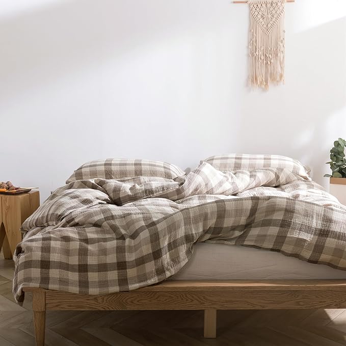 VM VOUGEMARKET King Duvet Cover Set Beige Grey Plaid Bedding Set Soft Breathable 3 Layers Muslin Cotton Linen Like Gauze Comforter Cover with Zipper Closure-3 Pieces,104"x90"