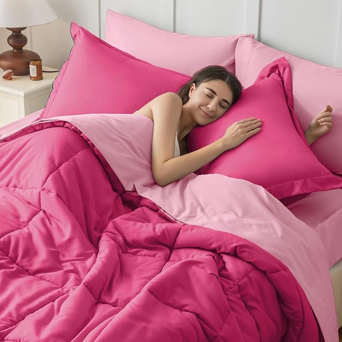 JOLLYVOGUE Twin XL Comforter Set, Ultra-Soft Bed in a Bag Twin XL Size 5 Pieces, Oeko-TEX Certified Bedding Set with Down Alternative Comforter, Sheets, Pillowcases & Shams, Hot Pink & Baby Pink