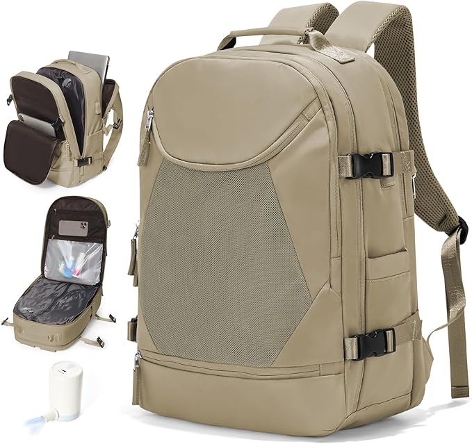 Vacuum Backpack Travel with Pump, Expandable Travel Backpack with Vacuum System, Vacuum Compression Bags Personal Item Carry On Suitcase Luggage Flight Approved Backpacks for Women Men, Brown