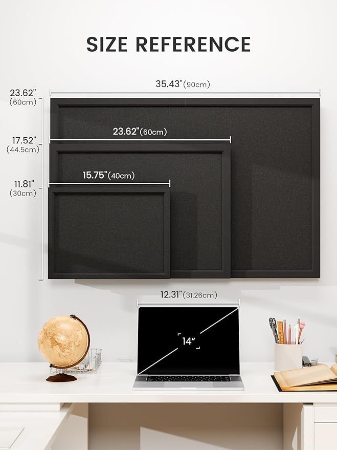 Foldable Cork Board Alternative, Felt Bulletin Board 24" x 18" Black Frame with 16 Adhesive Tabs, Pin Board for Home Office, Classroom, Entryway, Kitchen Wall Decor—Black