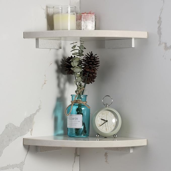Koville Italian Marble Corner Shower Shelf for Bathroom, 10'' Marble Corner Shelves for Bath, Wall Mounted Stone Shower Caddy, No Drilling Adhesive Shower Shelf - Sahara Sand (2-Layer)